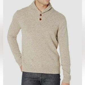 JCrew Sweater Mens Tan Collared Merino Wool Blend Mock Neck SZ L Henley Pullover